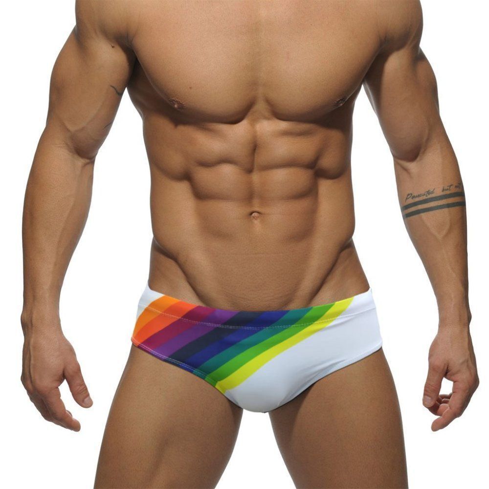 Men's Rainbow Stripes Speedo Swimwear Swim Briefs Beach Love is Love white XL